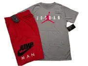 NWT NIKE AIR JORDAN BOY'S 2 PC SET DRI-FIT GRAY SHORT SLEEVE RED SHORTS XL 13-15
