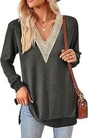 [iChunhua] Womens V Neck Lace Trim lightweight Soft Jumpers Ladies Colour Contrasts Splits Side Relaxed Fit Tunic Tops