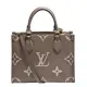 【Louis Vuitton 路易威登】M45779經典ONTHEGO PM系列Empreinte皮革手提/斜背包(斑鳩灰色/奶油色)