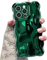 UEEBAI Case for iPhone 15 Pro 6.1 inch, Cute Solid Color Curly Wave Shape Shockproof Soft Bumper Phone Case, Candy Water Ripple 3D Silicon Slim Pretty Case Aesthetic Cover, Deep Green