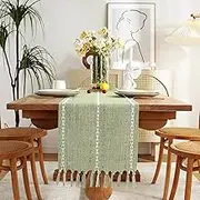 Chassic Rustic Farmhouse Style Linen Table Runner, Boho Handmade Tassel Embroidered Table Runners 72 Inches Long for Holiday Party, Christmas and Dining Decorations, 13 x 72 inch - Sage Green