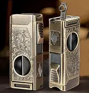 5in1 Cigar Lighter 4 Jet Flame,Refillable Butane Lighter with Cigar Cutter V Cut Cigar Punch Cigar Holder Cigar Draw Enhancer for Mens