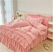 Queen Comforter Set with Sheets - Cotton Washed Fabric, Soft & Breathable, Elegant Ruffles Design for Master Bedroom & Kid's Room, Queen Size Bedding Comforter Sets(Pink,220x240cm 4pcs)