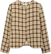 [PTBNRDC] Womens Fall Cropped Tweed Blazer Jacket Open Front Casual Plaid Suit Coat
