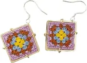 [Higge] Handmade Micro Crochet Drop Dangle Earrings Granny Square Retro Earrings for Women S925 Sterling Silver Everyday Earrings Unique Gift