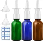 Cupohus Nasal Spray Bottle, 3 Pcs 30ML/1oz Amber,Cobalt Blue,Green Glass Refillable Fine Mist Sprayers Atomizers, Travel Sized, Empty Sprayer with Funnels and Labels (bpp-3pc-Colorful)