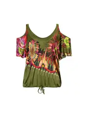 Green Floral Printed Cold Shoulder Top