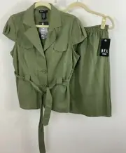 NEW D.F.A. New York Green Linen Blend Skirt Top Set Size Medium Pull On Collared