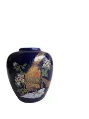 Vintage Japan Ceramic Vase Style Cobalt Blue Hand Decorated Pheasant Theme