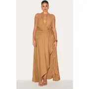 Plus Textured Plunge Trim Detail Maxi Dress, Camel