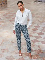 Sosandar Blue Geo Printed Tapered Trousers (N78645) | $68