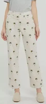 $119 NYDJ Women's Beige Palm-Tree Print Straight-Leg Ankle Jeans Pants Size 6