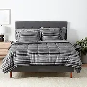 Amazon Basics 7-Piece Lightweight Microfiber Bed-in-a-Bag Comforter Bedding Set - Full/Queen, Gray Calvin Stripe