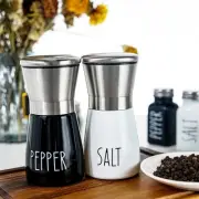 2pc Salt & Pepper Grinder Set Black/White - Adjustable, Glass & Stainless Steel