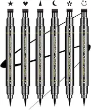 SUMEITANG 6 Pcs Double-headed Eyeliner Stamps Set Black Liquid Eye Liner Pen With Star,Moon,Heart,Flower,Smiley,Triangle Stamp Stencils Shapes for Women Makeup Kit Long-Lasting Waterproof Smudgeproof