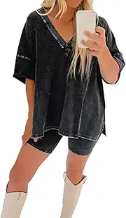[Surakey] Women's Casual Sets Streetwear Fashion Wax-Dyed Lounge Outfits -Quarter Sleeve Pant Suit for Trendy Appeal