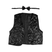 Kids Black Sequin Bow Tie And Vest Set One Size