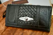 NWT $148 ELLIOTT LUCCA Chocolate Brown Patent Leather Matinee Wallet Silver Tone