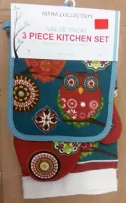 3 pc KITCHEN SET: 1 POT HOLDER, 1 TOWEL & 1 OVEN MITT, MOROCCAN KABASH OWLS, VP