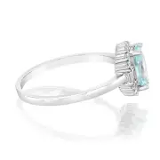 Sterling Silver Rhodium Plated White And Aquamarine Cubic Zirconia Oval Ring, Q