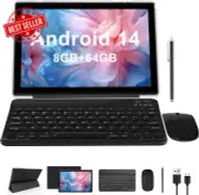 10” Android 14 Tablet Black 2-in-1 w/ Keyboard Mouse 64GB 8GB RAM FHD 6000mAh
