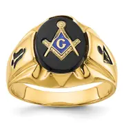 14k Yellow Gold Mens Polished Antiqued and Grooved with Oval Onyx Masonic Ring