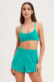 Green Mini Shorts High Rise Terry - Size M, Women's Track Short