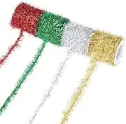 Tongcloud 4 Rolls Christmas Tinsel Ribbon Metallic Garland Tinsel Garland Christmas Metallic Tinsel Ribbon Glitter Tinsel Ribbon for Christmas (Gold, red, Green, Silver, 19.6feetx0.7inches)