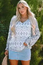 I AM A FASHION JUNKY Sky Blue Geometric Print Shirred Puff Sleeve V Neck Blouse