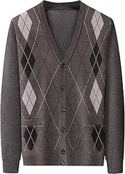 [SWJGLITTR] Men V Neck Sweater Cardigan Buttons Argyle Pattern Mens Cardigans Wool Blend Cable Knit Sweaters Jacket, A1 Camelcolor, Medium
