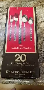NIB MCM Mid-Century Oneida Deluxe Stainless Applique 20 Piece Service For Four
