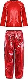 [Aislor] Kids Girls Metallic Dance Outfit Party Performance Set Long Sleeve Round Neck T-shirt with Shiny Pants