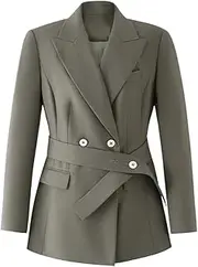 [Kromoc] Women's Blazer(with Belt) Peak Lapel Double Breasted Buttons Meeting Interviews Business Jacket