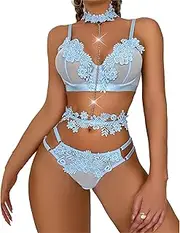 [Zylphorix] Women's Floral Embroidered Lingerie Push Up Bra Garter with Chain Set Lace Babydoll Bra and Panty Sets