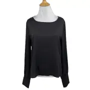 Donna Karan Blouse Women M Medium Black Long Sleeve Keyhole Chiffon Pleated Cuff