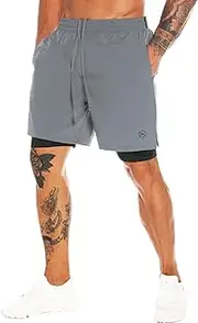 [MOVEUP] 2 in 1 Gym Running Shorts 7" Quick Dry Spandex Shell Fabric Compression Lining Sport Shorts Basketball Shorts Active Fitness Shorts Workout Training Shorts with Zipper Pocket for Men