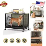 Rustic Gray Wooden Dog Crate with Side Table, Pull-Out Tray & Easy Mobility