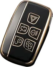 5 Buttons TPU Car Key Fob Cover Suitable for La-nd Ro-ver Defender Discovery Evoque LR4 Ra-nge R0ver Sport Jaguar XE XJ XF Gold Edged Remote Key Protective Case（Black）
