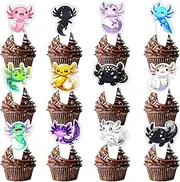 24pcs Colorful Cute Axolotl Dessert Cupcake Topper Pick for Cartoon Animal Axolotl Theme Decorations Baby Shower Girls Boys Happy Birthday Party Decor Supplies