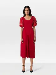 Red Sequin Puff Sleeve Midi Dress