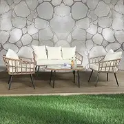 Levede 4PCS Outdoor Furniture Setting Patio Garden Table Chair Set Wicker Lounge, Balcony PE Rattan Conversation Sets with Back Seat Cushion Tempered Glass for Backyard, Poolside