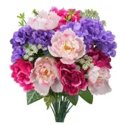Artificial Peonies and Hydrangea Silk Flowers - 15.75" Vintage Spring Colorful