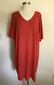 NWT Eileen Fisher Red Lory Tencel Jersey V Neck Shift Dress Sz 2X $188