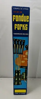 Vintage Set of 6 Stainless Steen Fondue Forks w/ Wooden Holder Made in Taiwan
