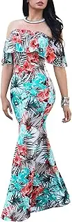 [Suimiki] Vintage Ruffle Plain Floral Printed Off Shoulder Bodycon Long Party Maxi Dress