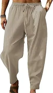 [Generic] Mens Linen Harem Pants Casual Drawstring Lightweight Trouser Drawstring Men Cropped Hippie Beach Yoga Pants