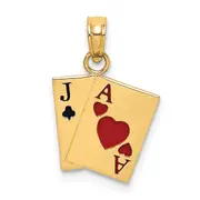 14K Yellow Gold Enamel Jack Of Clubs And Ace Hearts Cards Charm