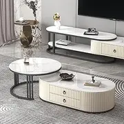Rock slab coffee table set, small home expandable coffee table cabinet, nesting coffee table set of 2, modern coffee table with metal frame for living room, Suitable for living room(Black+white+white,