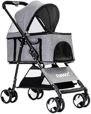 PaWz Large Pet Stroller - Dog Cat Carrier Pushchair, Foldable Pram 4 Wheels Grey, Detachable Design Baby Pet Travel Trolley, Removable and Washable Padded