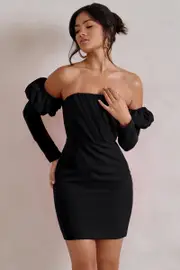 Laurie | Black Bardot Puff Long Sleeve Mini Dress